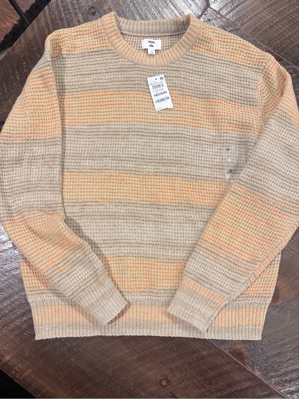 Women's Crewneck Sweater in Beige with Peach Stripes